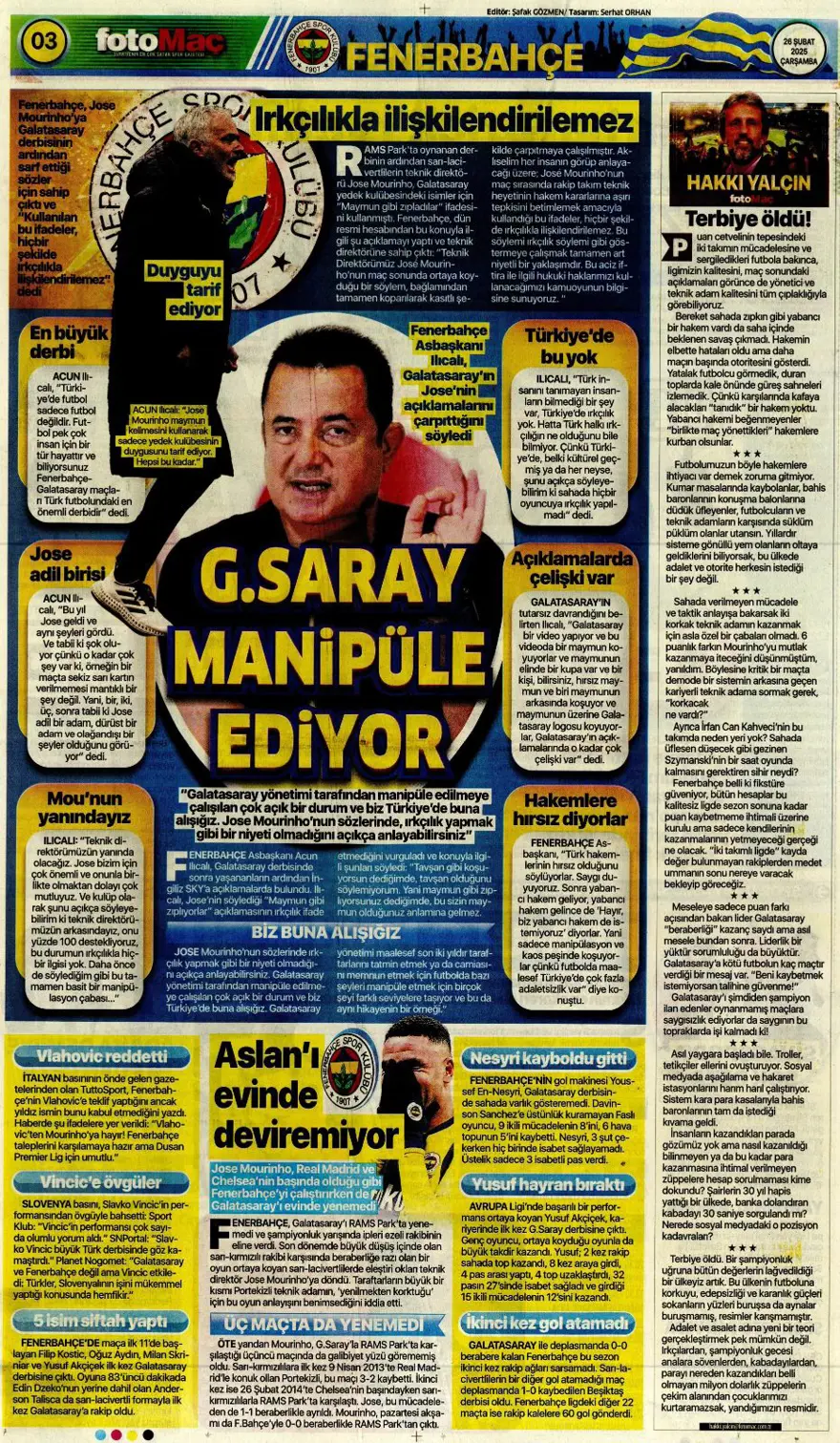 "Türk futbolunda maymun tartışması" (26 Şubat 2025 spor manşetleri) 12