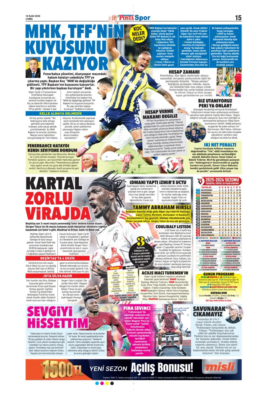 "Kabus gibi başlangıç" (19 Eylül spor manşetleri) 17