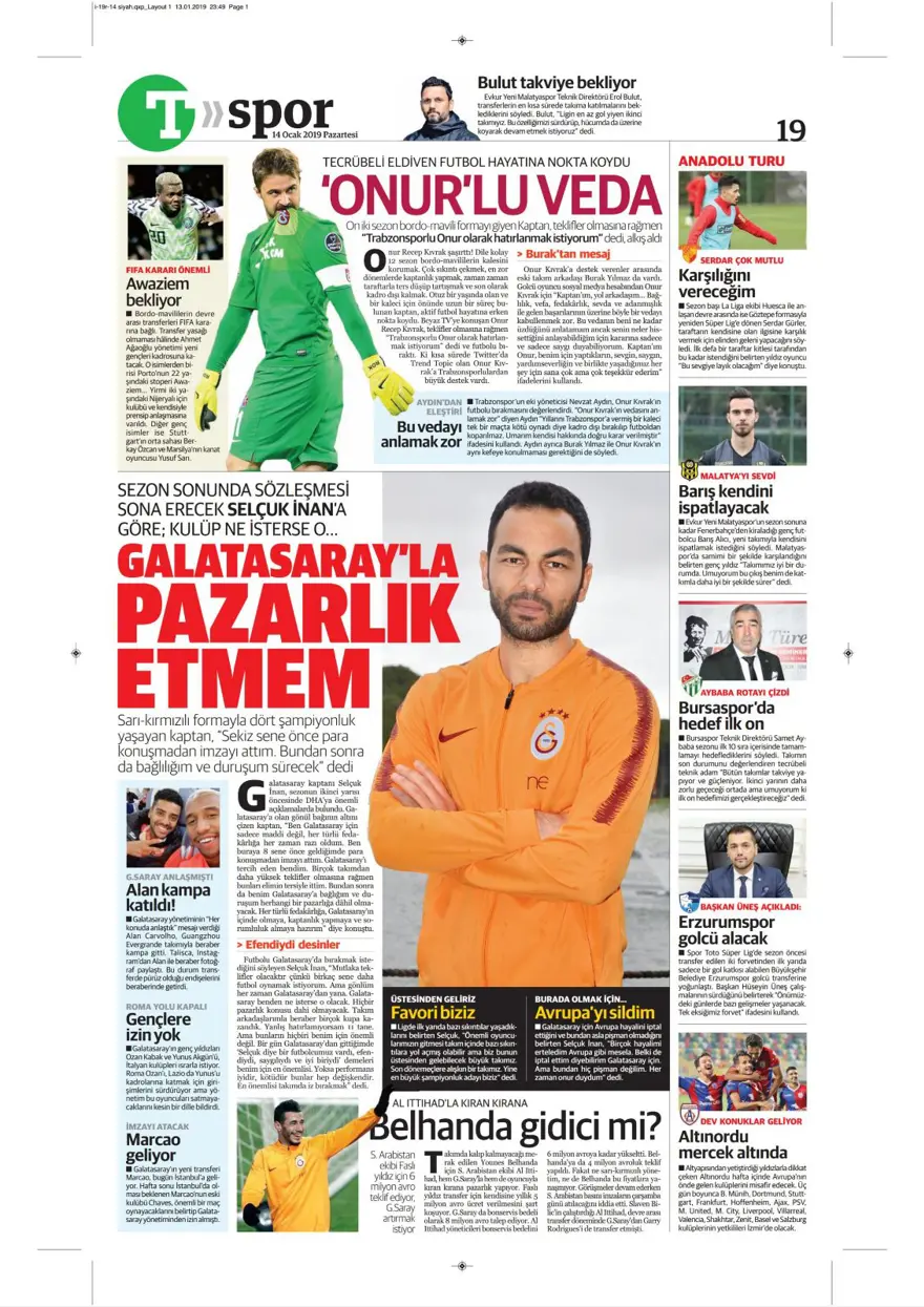 Günün spor manşetleri (14 Ocak 2019) 17