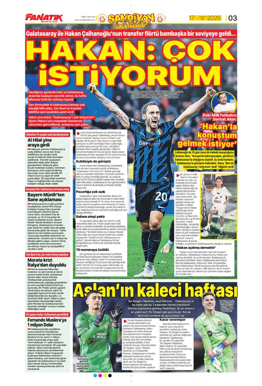 "Çalhanoğlu geri sayımı" (17 Haziran 2025 spor manşetleri) 2