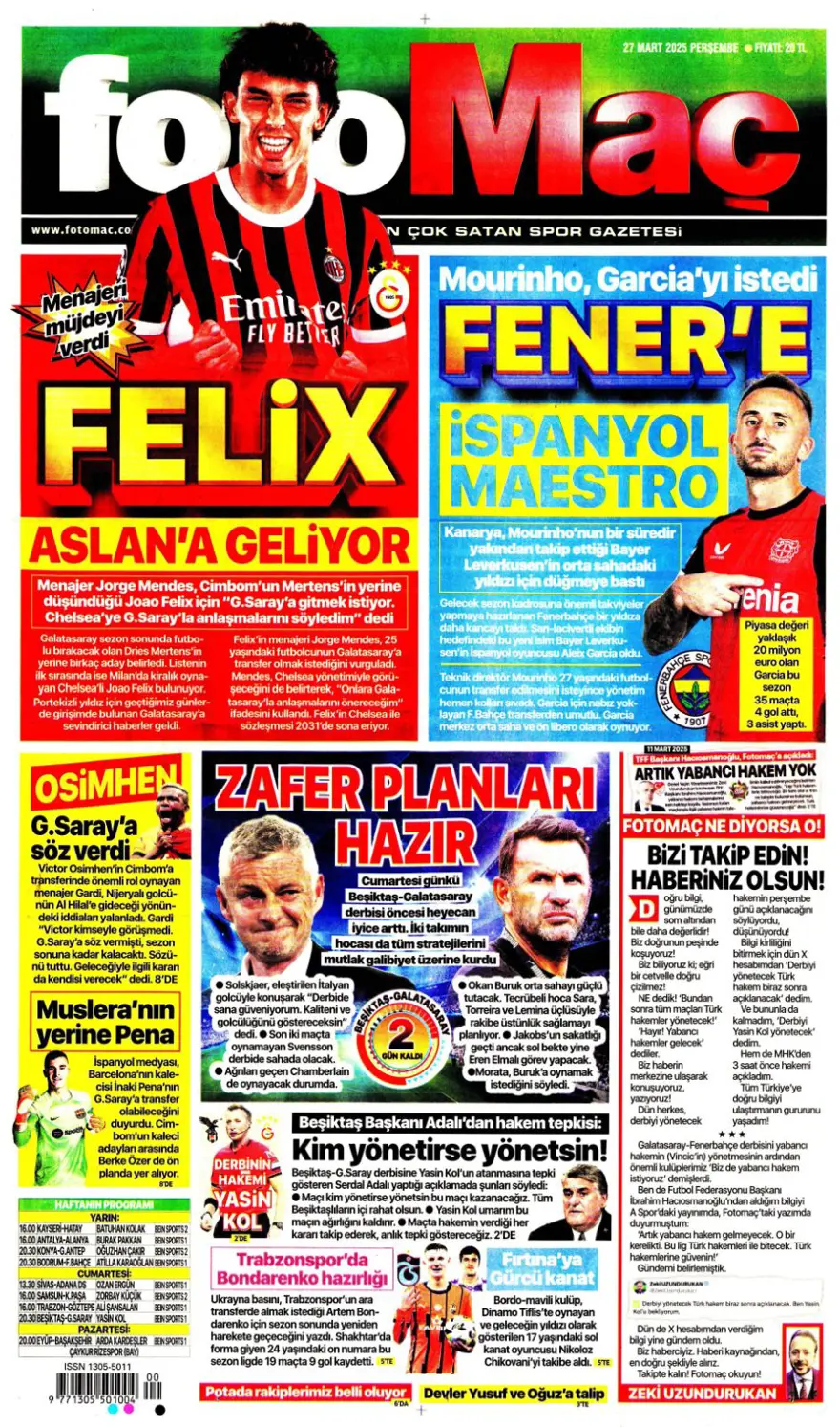 "Joao Felix Aslan'a geliyor" (27 Mart 2025 spor manşetleri) 