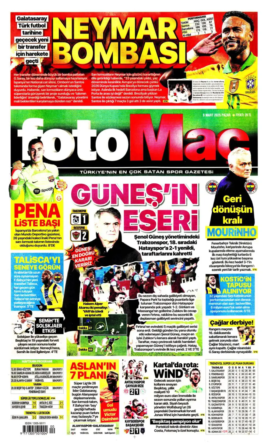 "1 numaralı büyük plan" (9 Mart 2025 spor manşetleri) 3