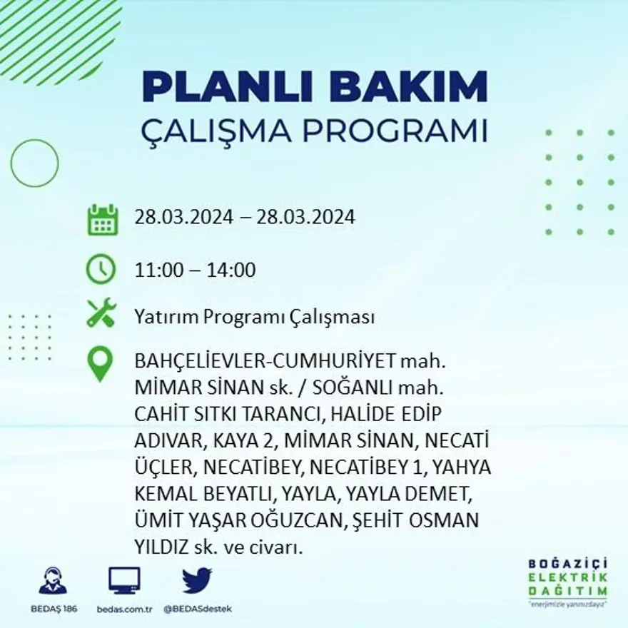 İstanbul'un 19 ilçesinde elektrik kesintisi: Elektrikler ne zaman gelecek? (28 Mart tarihli BEDAŞ kesinti programı) 11