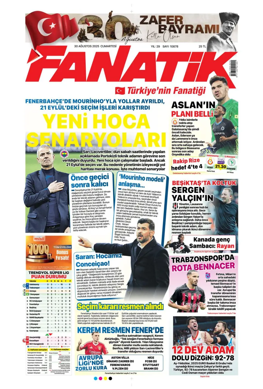 "Beklenen son" (30 Ağustos spor manşetleri) 