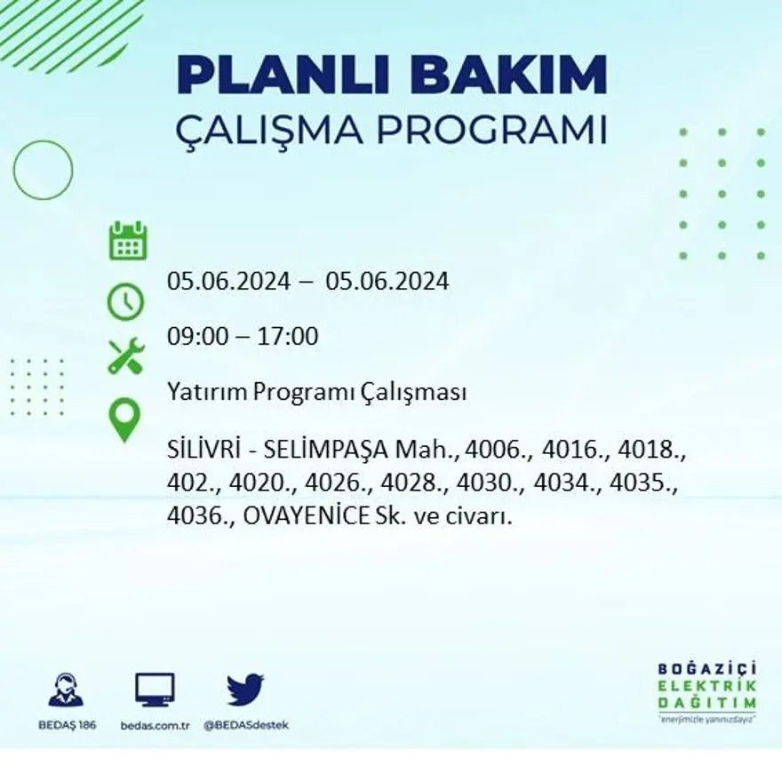 İstanbul'un 19 ilçesinde elektrik kesintisi: Elektrikler ne zaman gelecek? (5 Haziran BEDAŞ kesinti programı) 57 İstanbul'un 19 ilçesinde elektrik kesintisi: Elektrikler ne zaman gelecek? (5 Haziran BEDAŞ kesinti programı) 57
