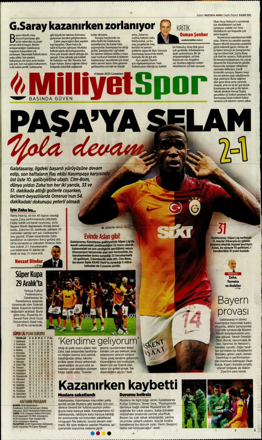 "Hesap farklı hedef aynı" (4 Kasım 2023 spor manşetleri) 21