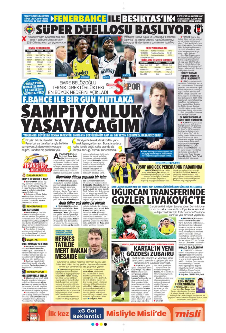 "Çalhanoğlu geri sayımı" (17 Haziran 2025 spor manşetleri) 16