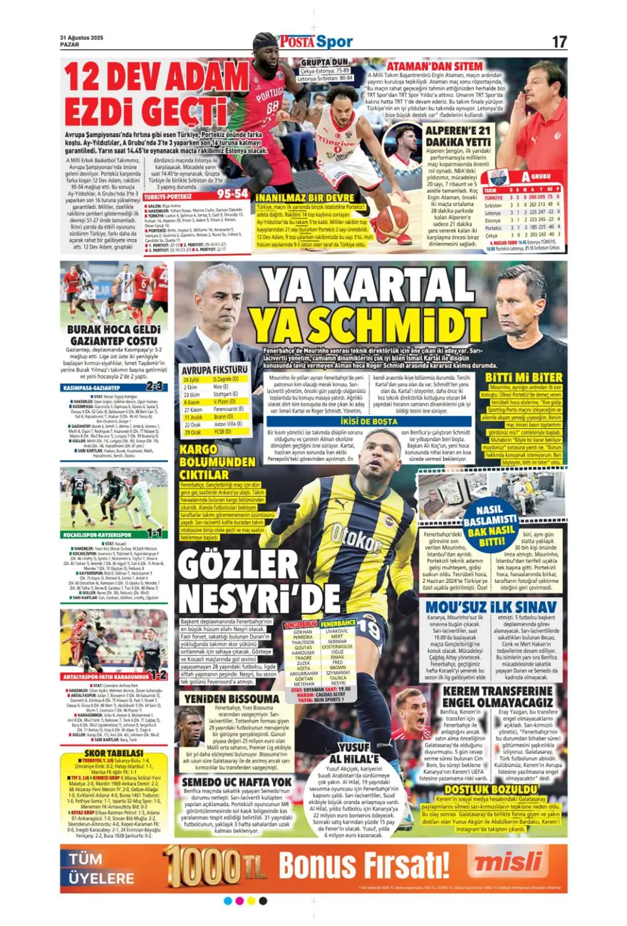 "Ya Kartal ya Schmidt" (31 Ağustos spor manşetleri) 13
