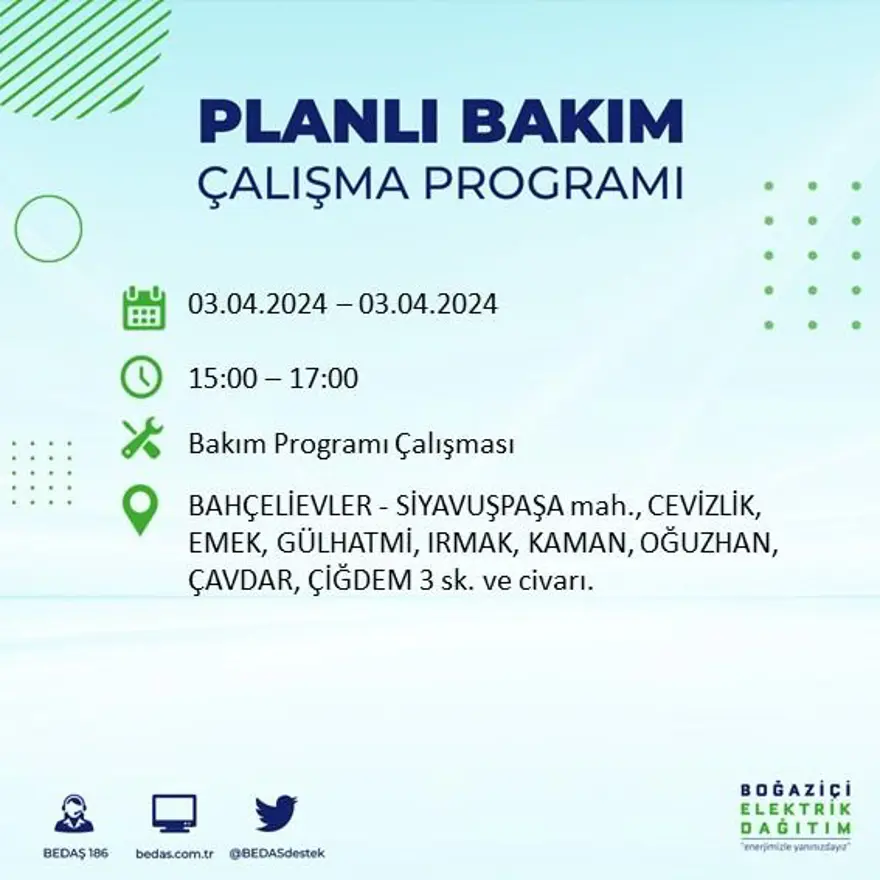 İstanbul'un 19 ilçesinde elektrik kesintisi: Elektrikler ne zaman gelecek? (3 Nisan tarihli BEDAŞ kesinti programı) 18