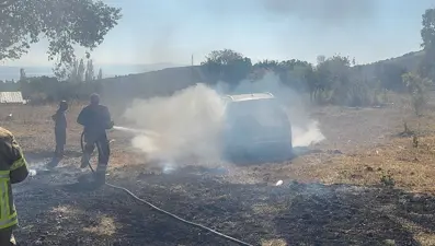 Anız yangını, zeytin ağaçları ile bir otomobile zarar verdi