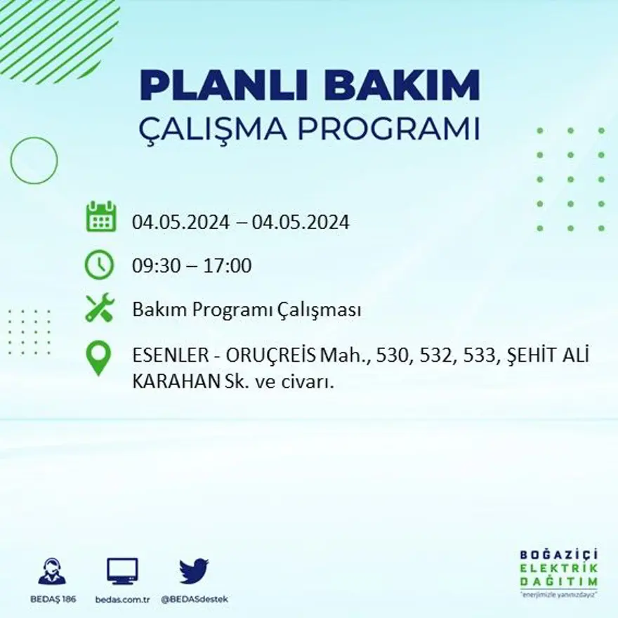 İstanbul'un 17 ilçesinde elektrik kesintisi: Elektrikler ne zaman gelecek? (4 Mayıs tarihli BEDAŞ kesinti programı) 16 İstanbul'un 17 ilçesinde elektrik kesintisi: Elektrikler ne zaman gelecek? (4 Mayıs tarihli BEDAŞ kesinti programı) 16