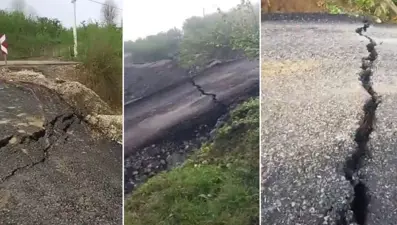 İki ilçeyi birbirine bağlayan yol çöktü!
