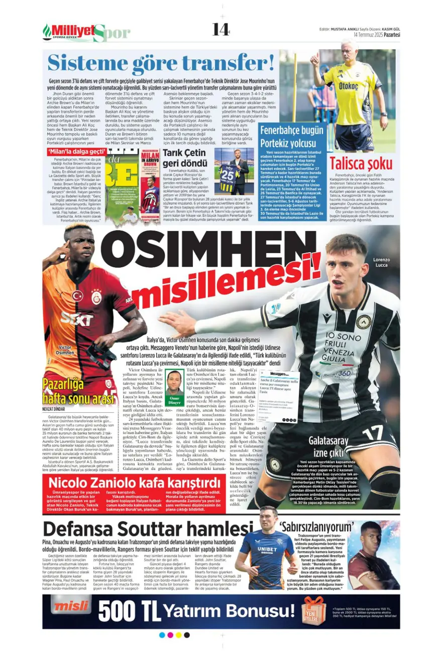 "Pasta Asensio, çilek Bissouma" (14 Temmuz 2025 spor manşetleri) 9