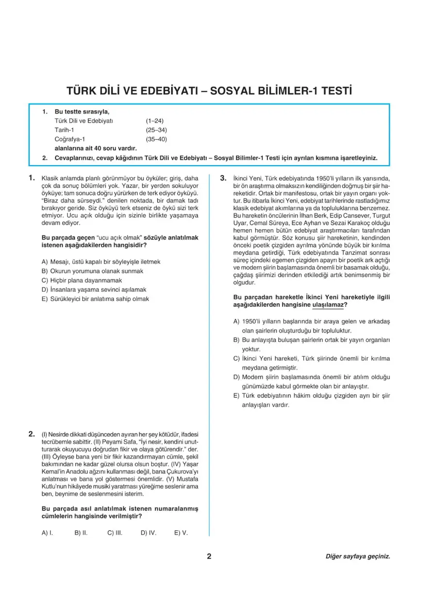 Uğur Okulları AYT -2 deneme sınavı 1