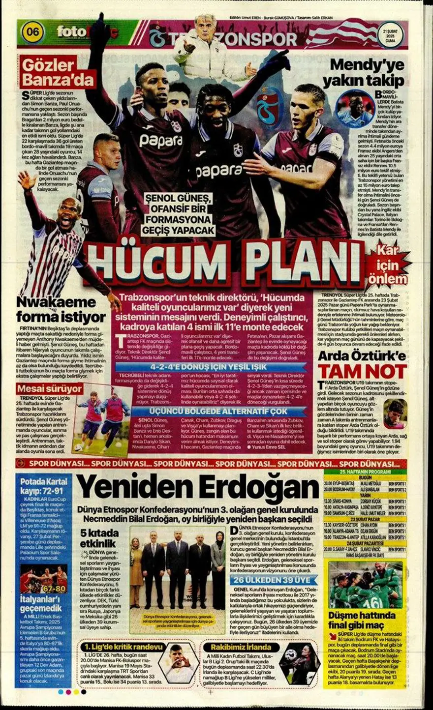 "Fener işi bitirdi" (21 Şubat 2025 spor manşetleri) 22