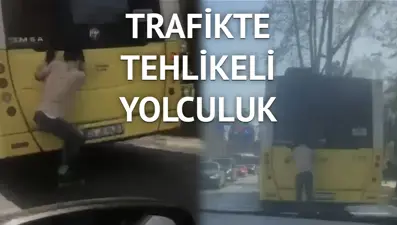 Otobüse tutunarak kayan patenli genç yürekleri ağza getirdi