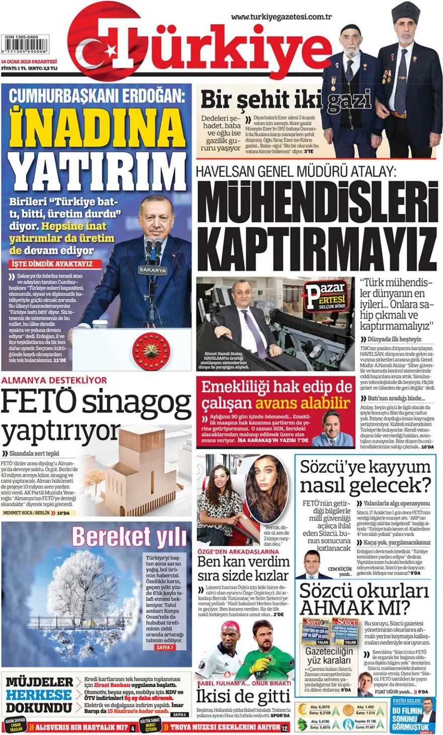 Günün gazete manşetleri - 14 Ocak 2019 4