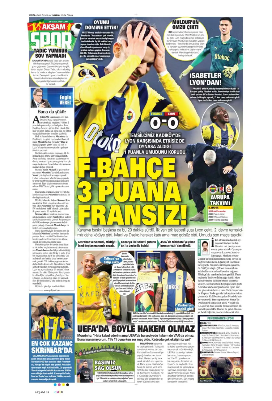 "Pavlovic sürprizi" (24 Ocak 2025 spor manşetleri) 8