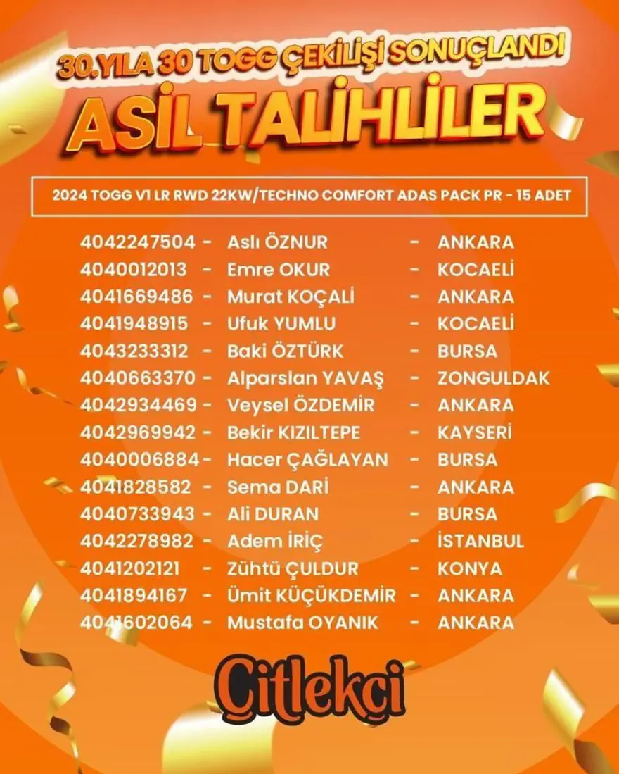 Çitlekçi TOGG çekiliş sonuçları sorgulama 2025: Çitlekçi TOGG kampanyasında kazanan isimler listesi 3 Çitlekçi TOGG çekiliş sonuçları sorgulama 2025: Çitlekçi TOGG kampanyasında kazanan isimler listesi 3