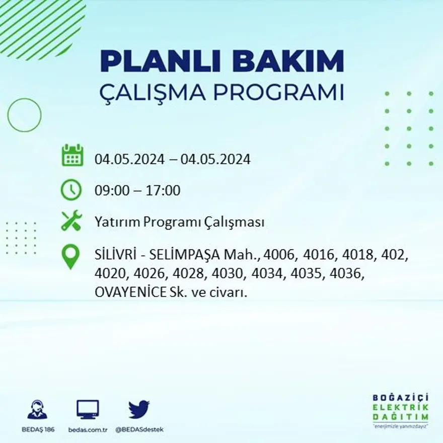 İstanbul'un 17 ilçesinde elektrik kesintisi: Elektrikler ne zaman gelecek? (4 Mayıs tarihli BEDAŞ kesinti programı) 42 İstanbul'un 17 ilçesinde elektrik kesintisi: Elektrikler ne zaman gelecek? (4 Mayıs tarihli BEDAŞ kesinti programı) 42