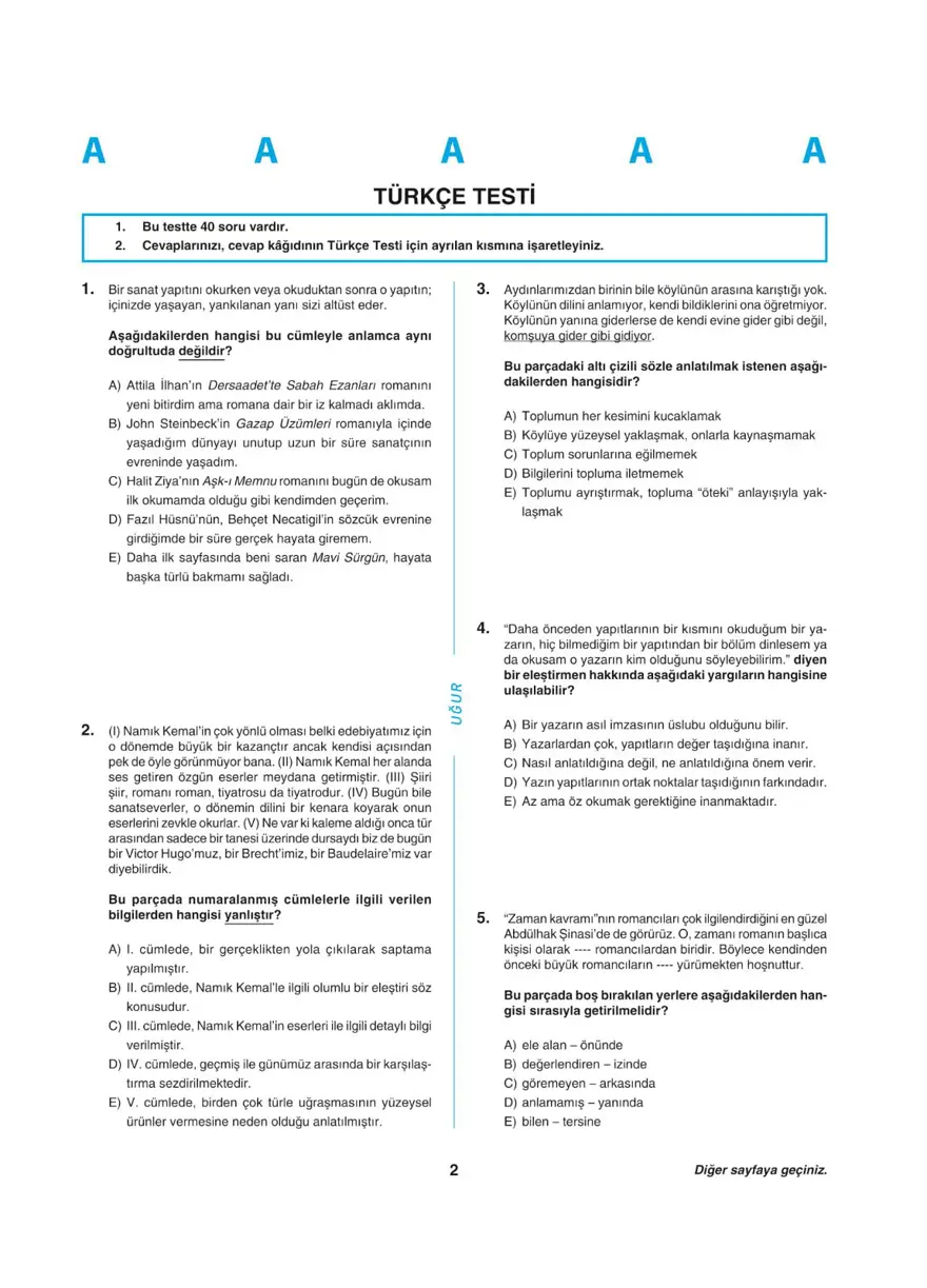 Uğur Okulları YKS - TYT deneme sınavı 1