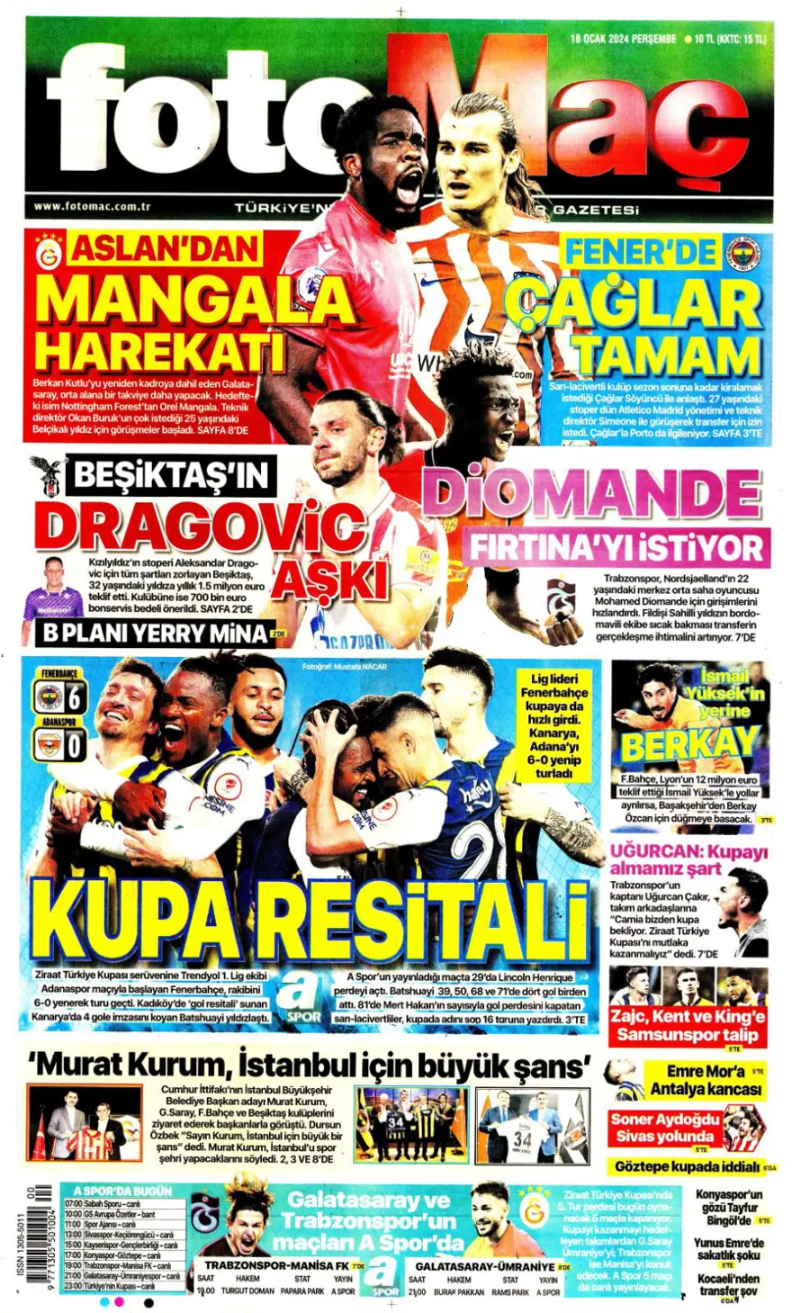 "Aslan'dan Mangala harekatı" (18 Ocak 2024 spor manşetleri) "Aslan'dan Mangala harekatı" (18 Ocak 2024 spor manşetleri)