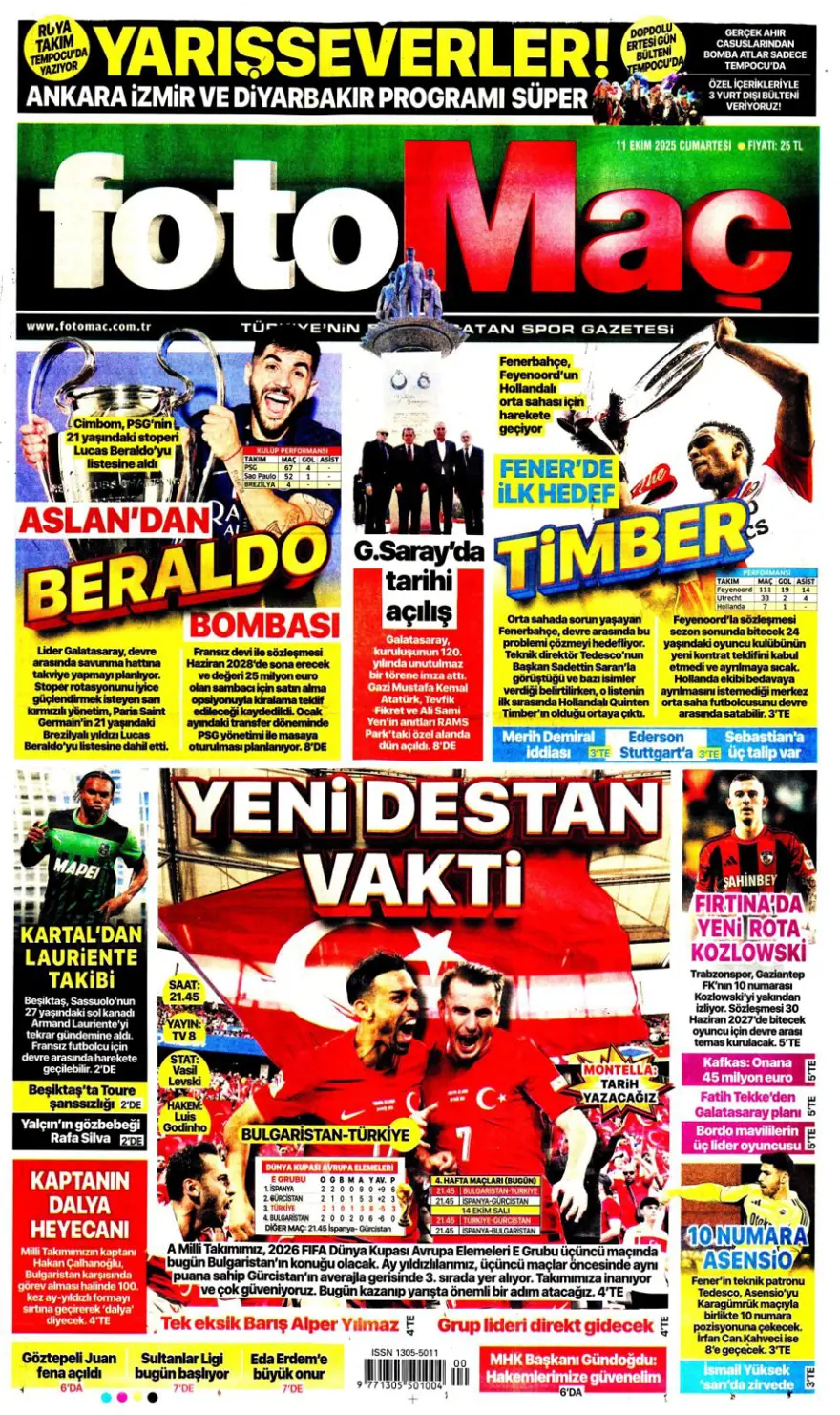 "Yeni destan vakti" (11 Ekim 2025 spor manşetleri) "Yeni destan vakti" (11 Ekim 2025 spor manşetleri)