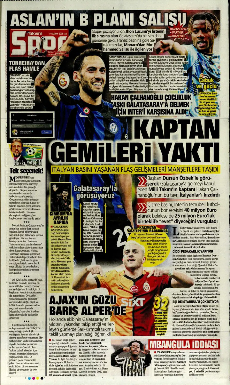 "Çalhanoğlu geri sayımı" (17 Haziran 2025 spor manşetleri) 29