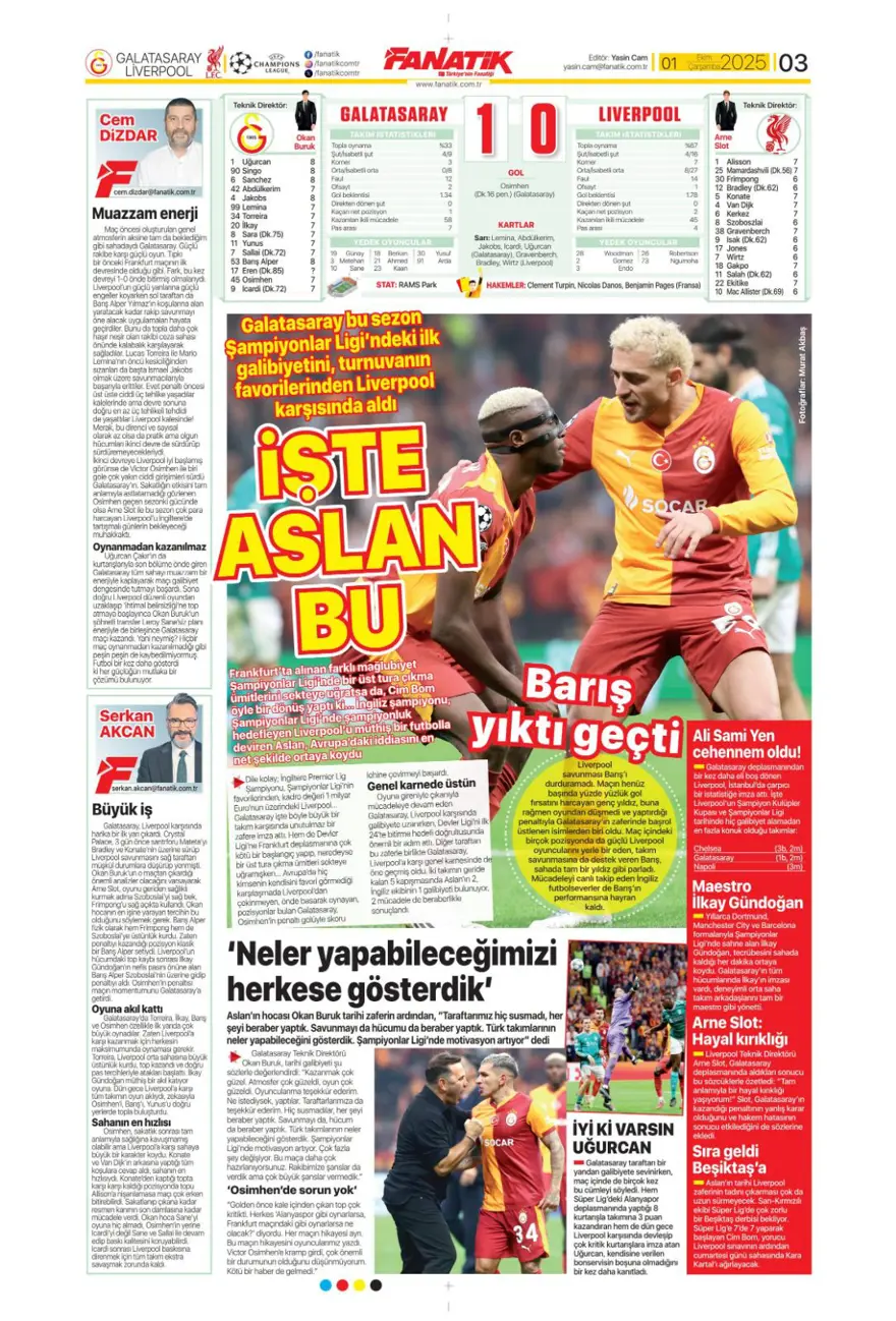 "Adı Aslan, işi destan" (1 Ekim 2025 spor manşetleri) 2