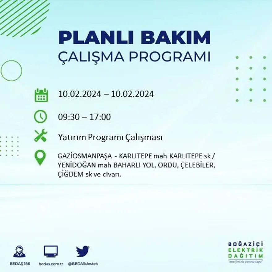 İstanbul'un 17 ilçesinde elektrik kesintisi yaşanacak: Elektrikler ne zaman gelecek? (10 Şubat BEDAŞ kesinti programı) 24 İstanbul'un 17 ilçesinde elektrik kesintisi yaşanacak: Elektrikler ne zaman gelecek? (10 Şubat BEDAŞ kesinti programı) 24