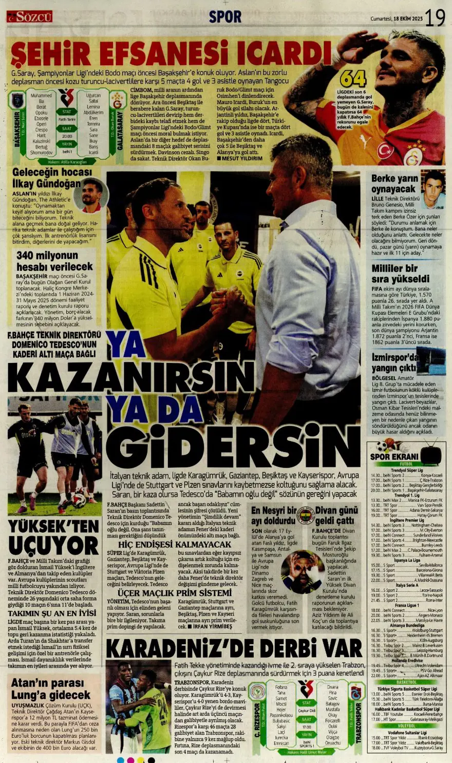 "Yine yeniden Ceballos" (18 Ekim 2025 spor manşetleri) 18
