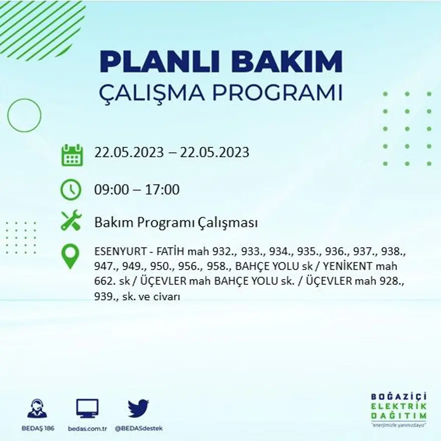 İstanbul'un 22 ilçesinde elektrik kesintisi: Elektrikler ne zaman gelecek? (22 Mayıs BEDAŞ planlı elektrik kesintisi) 32