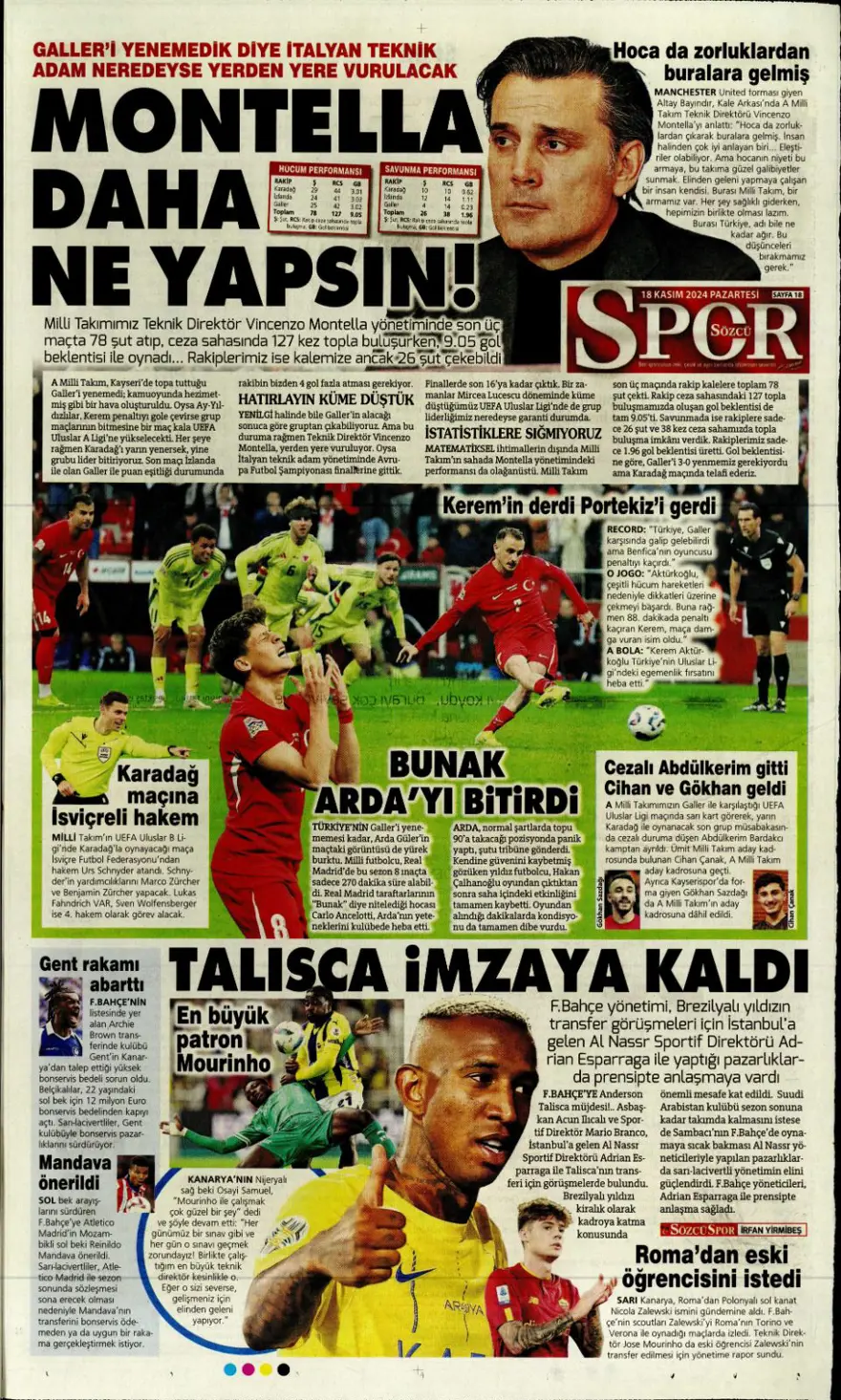 “Fenerbahçe’de dev takas” (18Kasım 2024 spor manşetleri) 29
