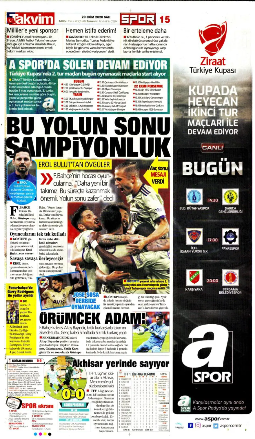 Günün spor manşetleri (20 Ekim 2020) 14