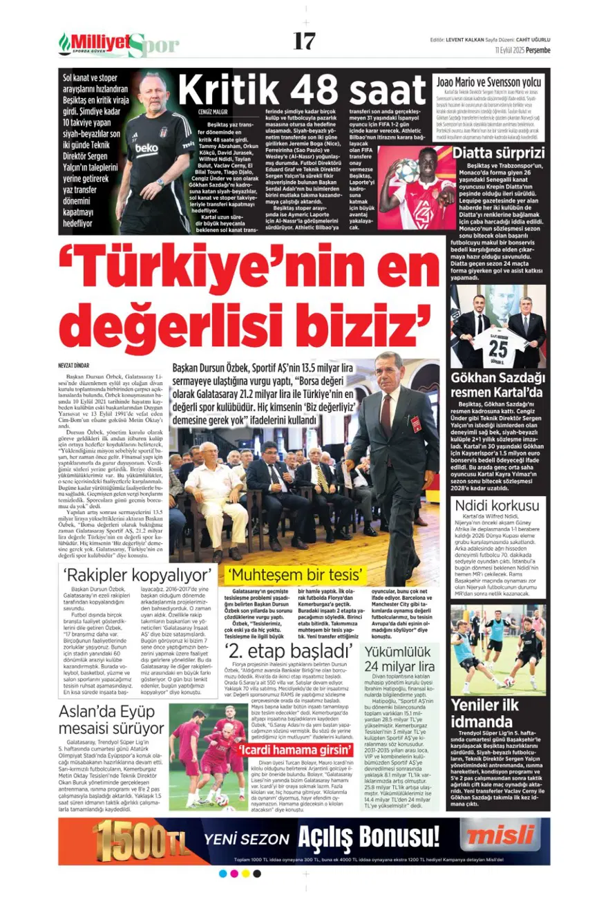 "Aslan'a yeni Mertens" (11 Eylül spor manşetleri) 13