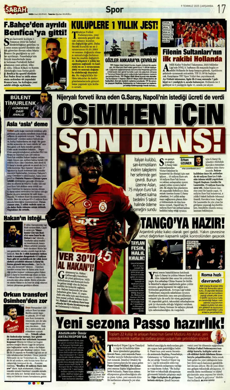 "Peters'a resmi teklif" (9 Temmuz 2025 spor manşetleri) 13