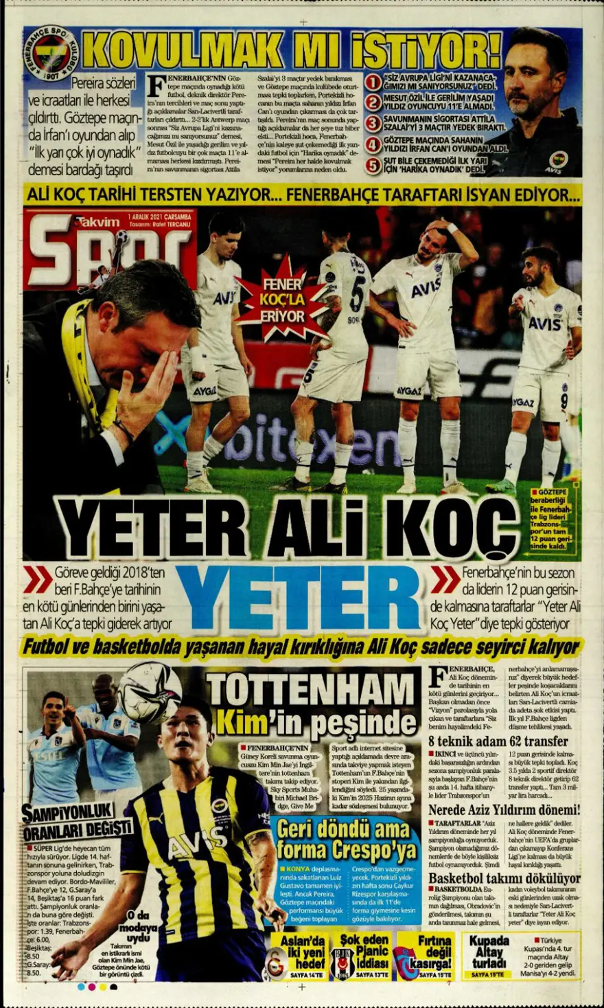 Günün spor manşetleri (1 Aralık 2021) 2