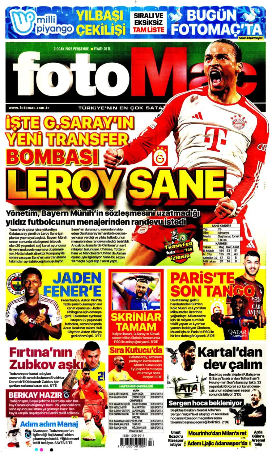 "Galatasaray'da Sane bombası" (2 Ocak 2025 spor manşetleri) 6