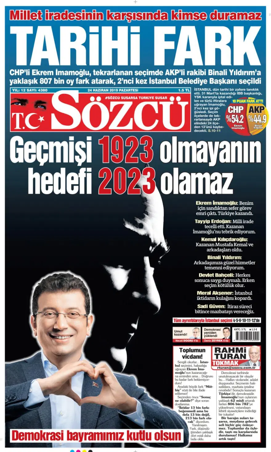 Gazeteler 23 Haziran İstanbul seçimini böyle gördü (24 Haziran 2019 Ga