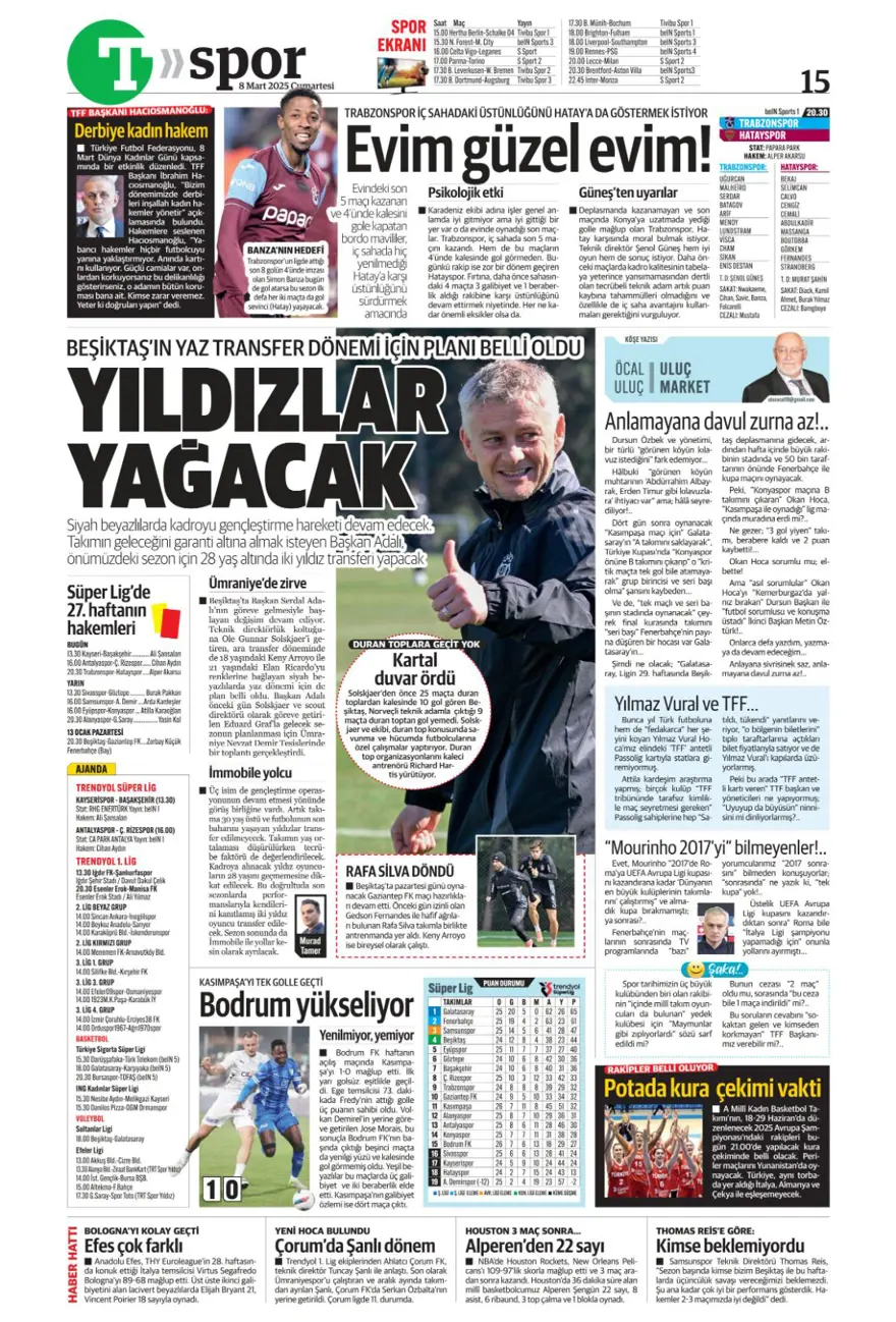 "Fatura Mourinho'ya" (8 Mart 2025 spor manşetleri) 15 "Fatura Mourinho'ya" (8 Mart 2025 spor manşetleri) 15