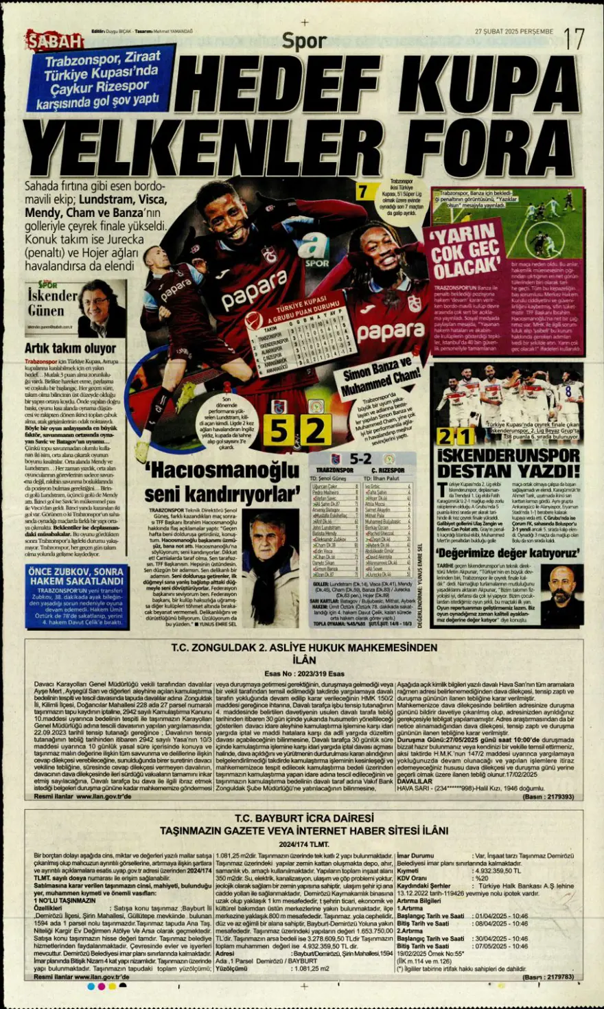 "Derbinin ardından gözler kupada" (27 Şubat 2025 spor manşetleri) 7