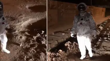 Astronot gibi giyinip bozuk yollara dikkat çekti (Fenomen oldu)