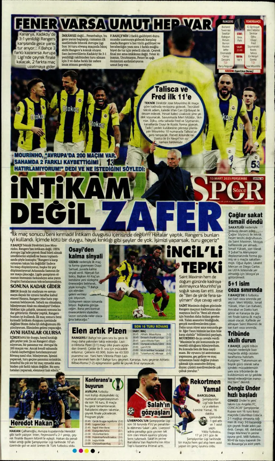"Haydi Fener turla gel" (13 Mart 2025 spor manşetleri) 28