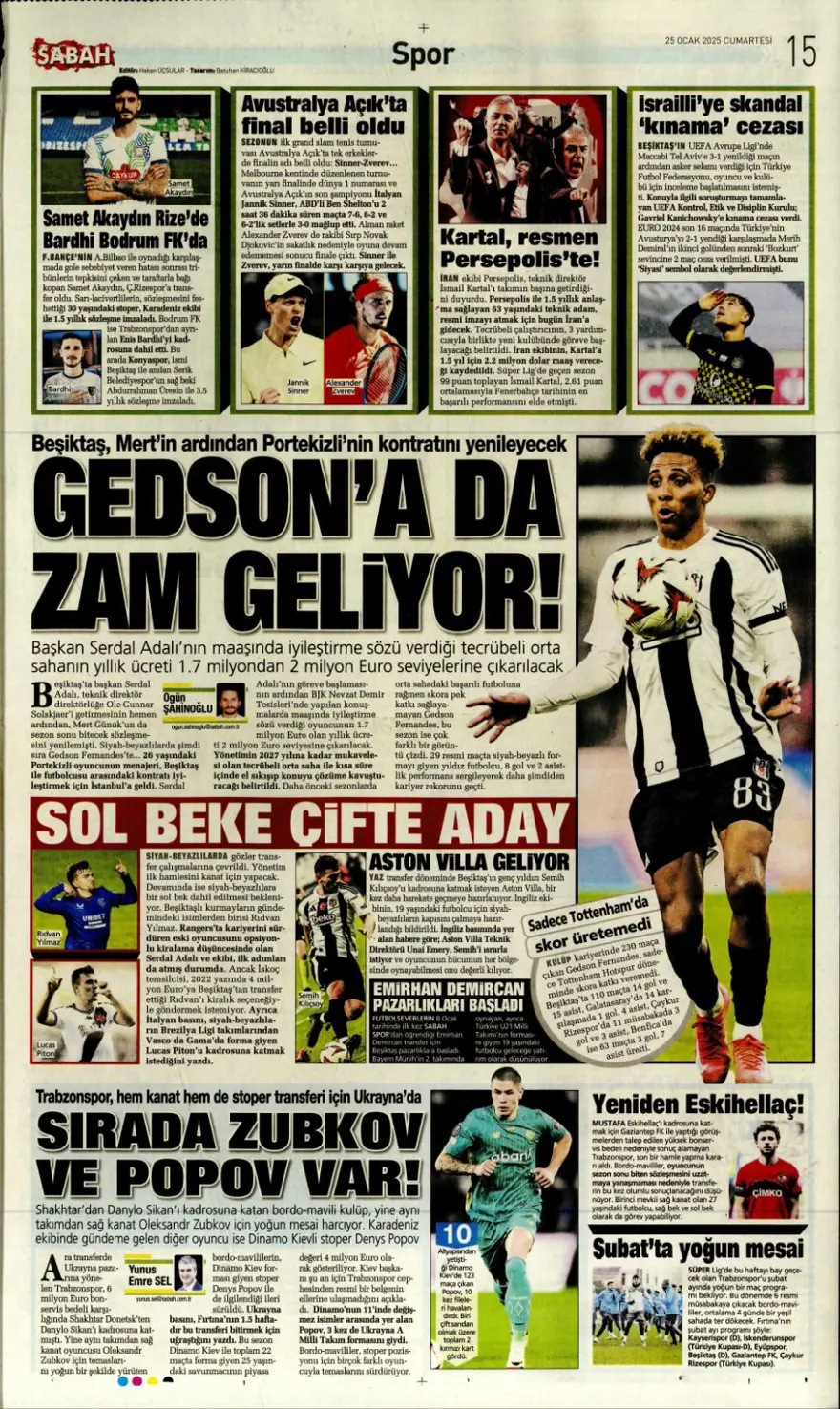 "Aslan'dan Talisca atağı" (25 Ocak 2025 spor manşetleri) 26
