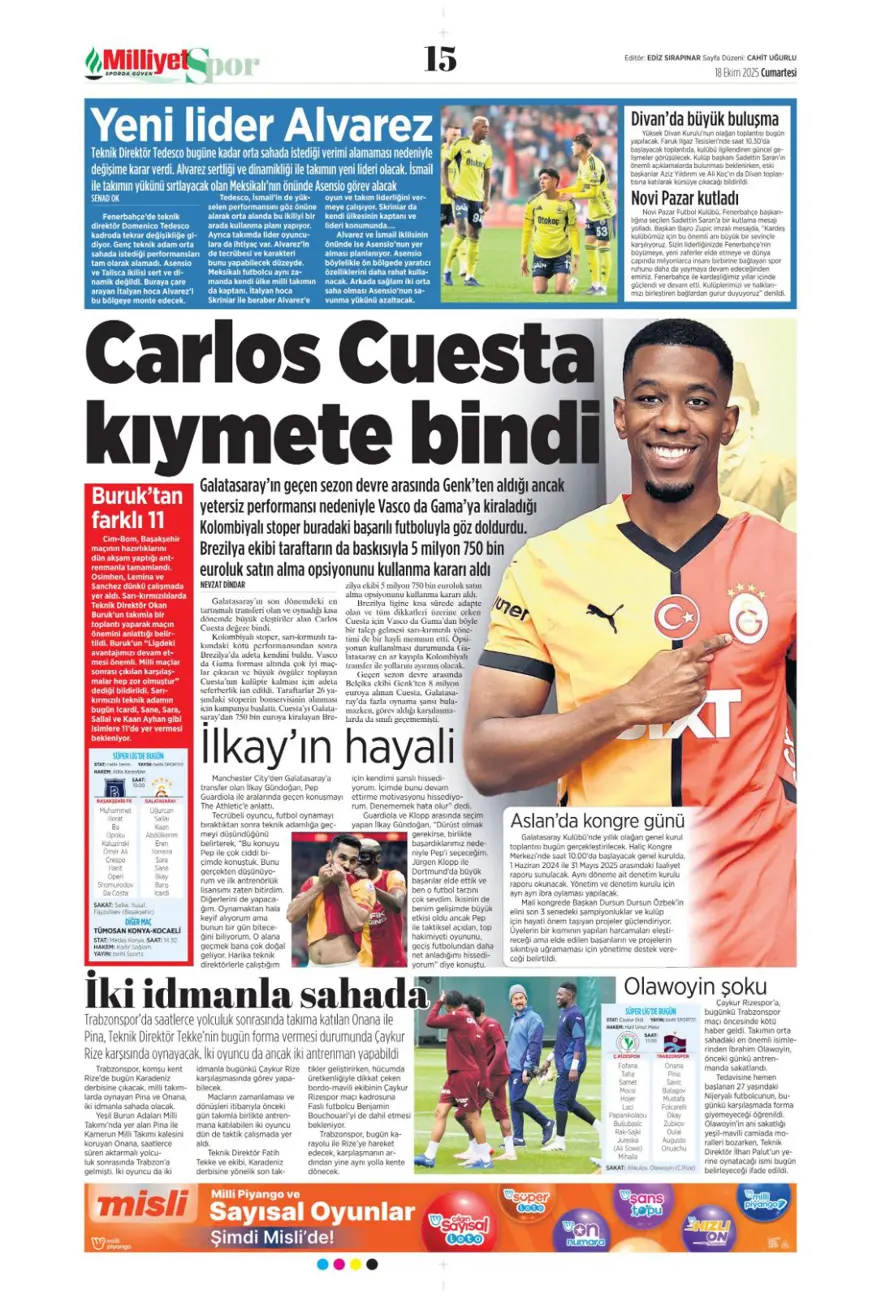 "Yine yeniden Ceballos" (18 Ekim 2025 spor manşetleri) 9