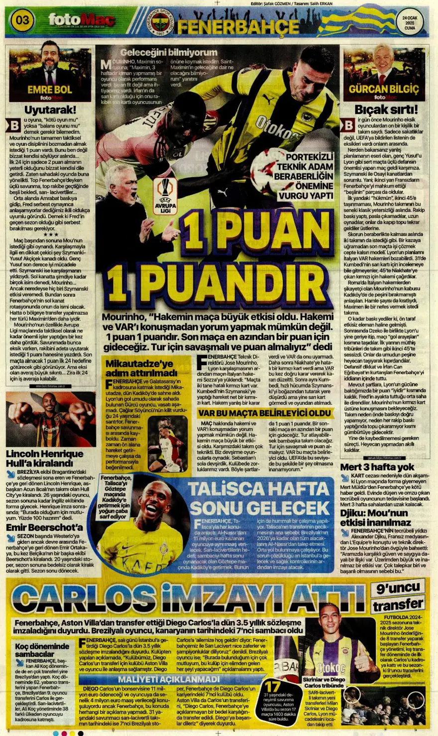 "Pavlovic sürprizi" (24 Ocak 2025 spor manşetleri) 3