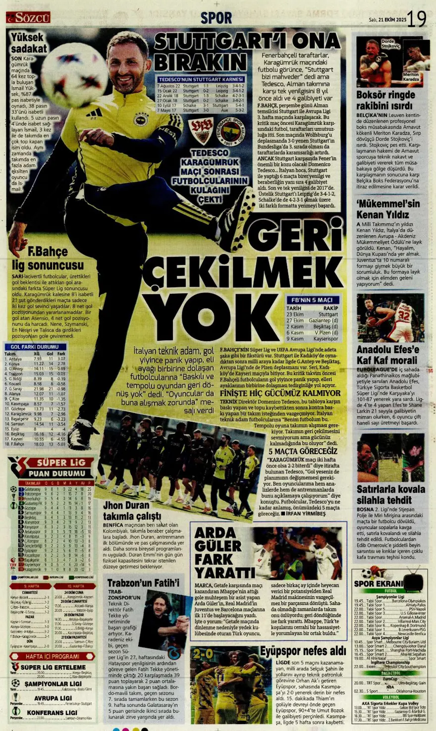 "Fenerbahçe'nin kader virajı" (21 Ekim 2025 spor manşetleri) 21