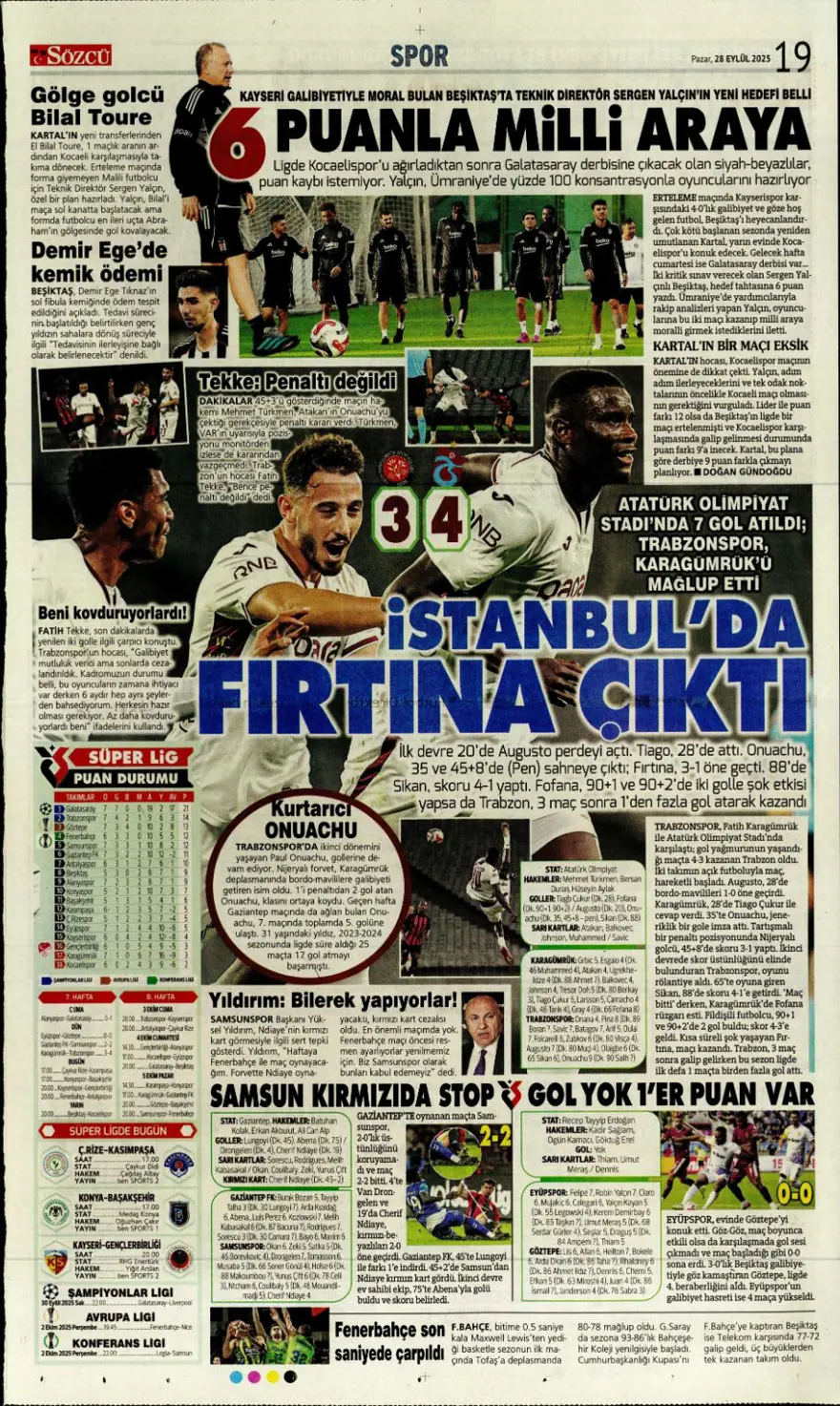 "Fenerbahçe'nin kader gecesi" (28 Eylül 2025 spor manşetleri) 20