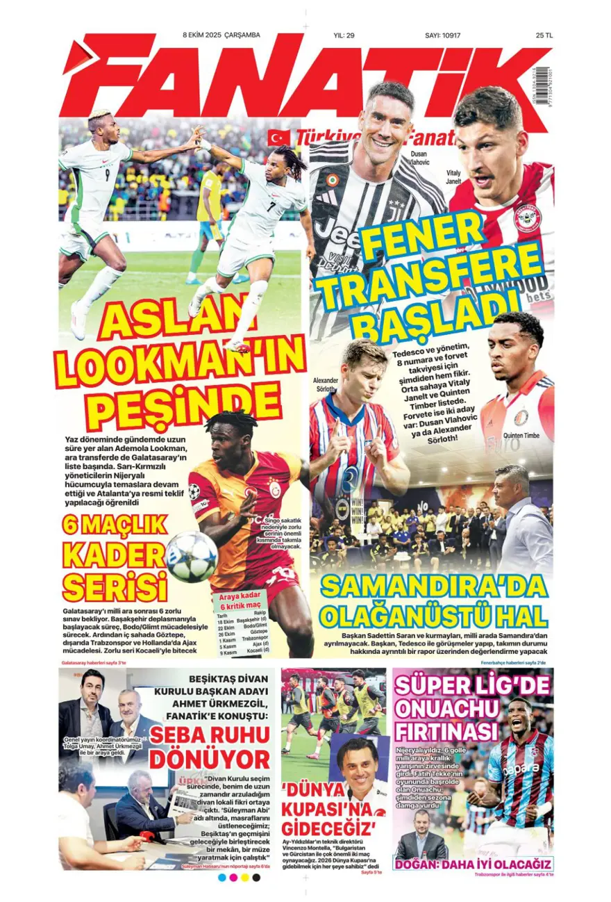 "Ne istersen o" (8 Ekim 2025 spor manşetleri) 