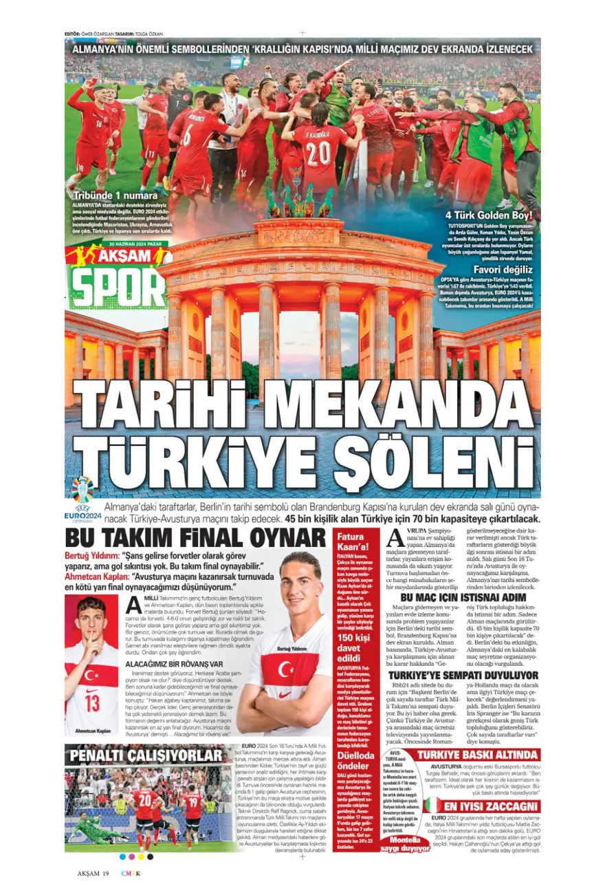 "Avusturya'ya farklı 11" (30 Haziran 2024 spor manşetleri) 3